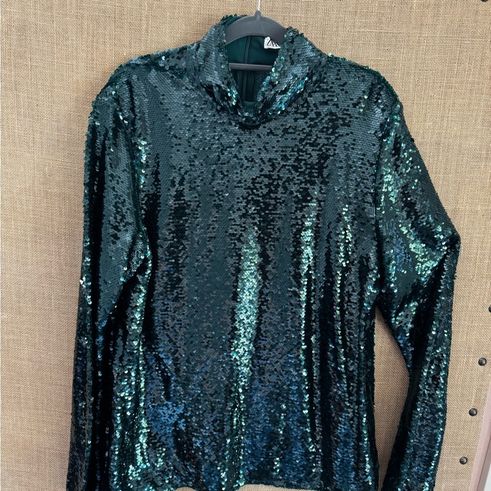 Zara Green Sequin Long Sleeve Button Down Blouse